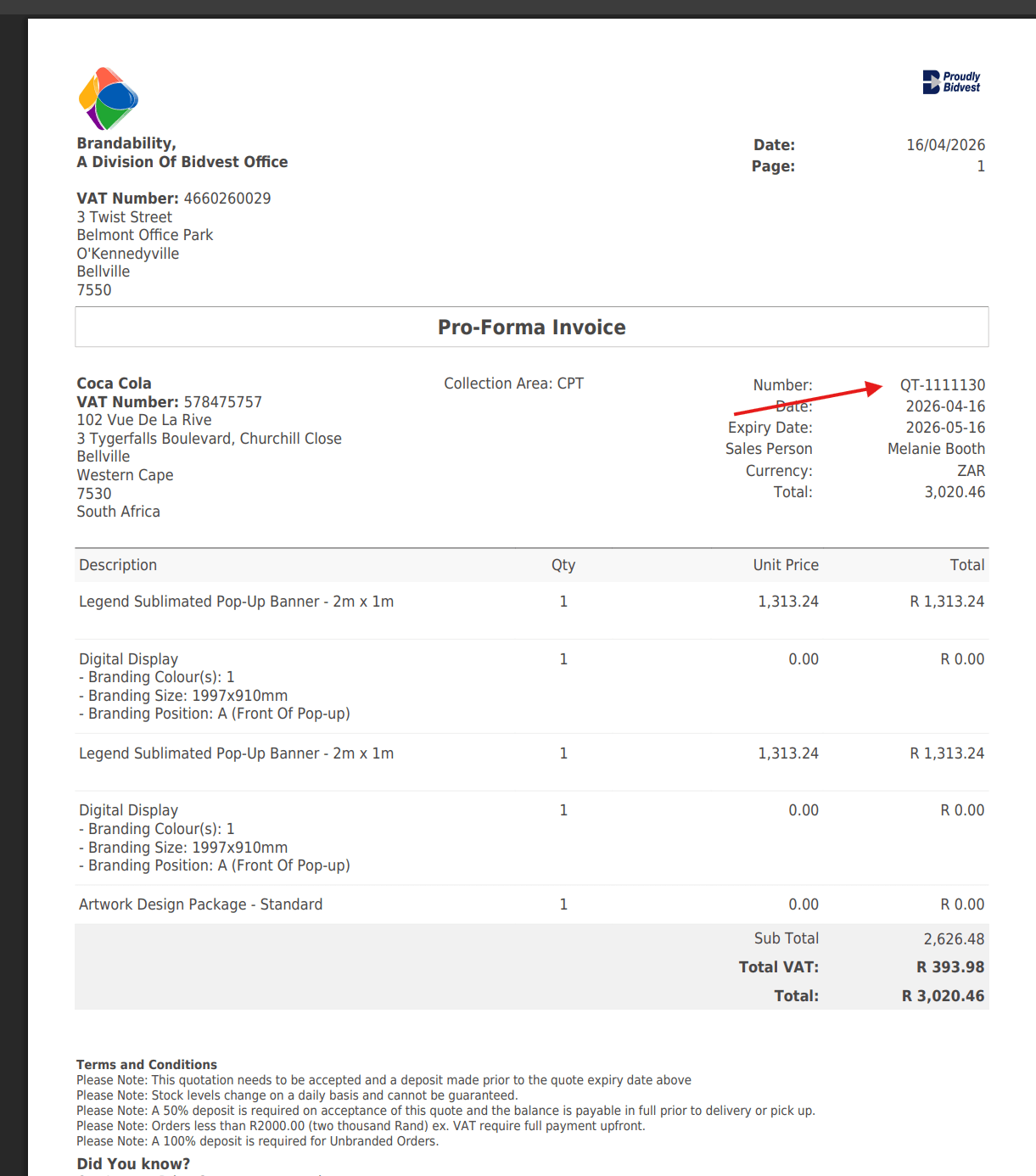 Pro-Forma Invoice showing Quote Number location
